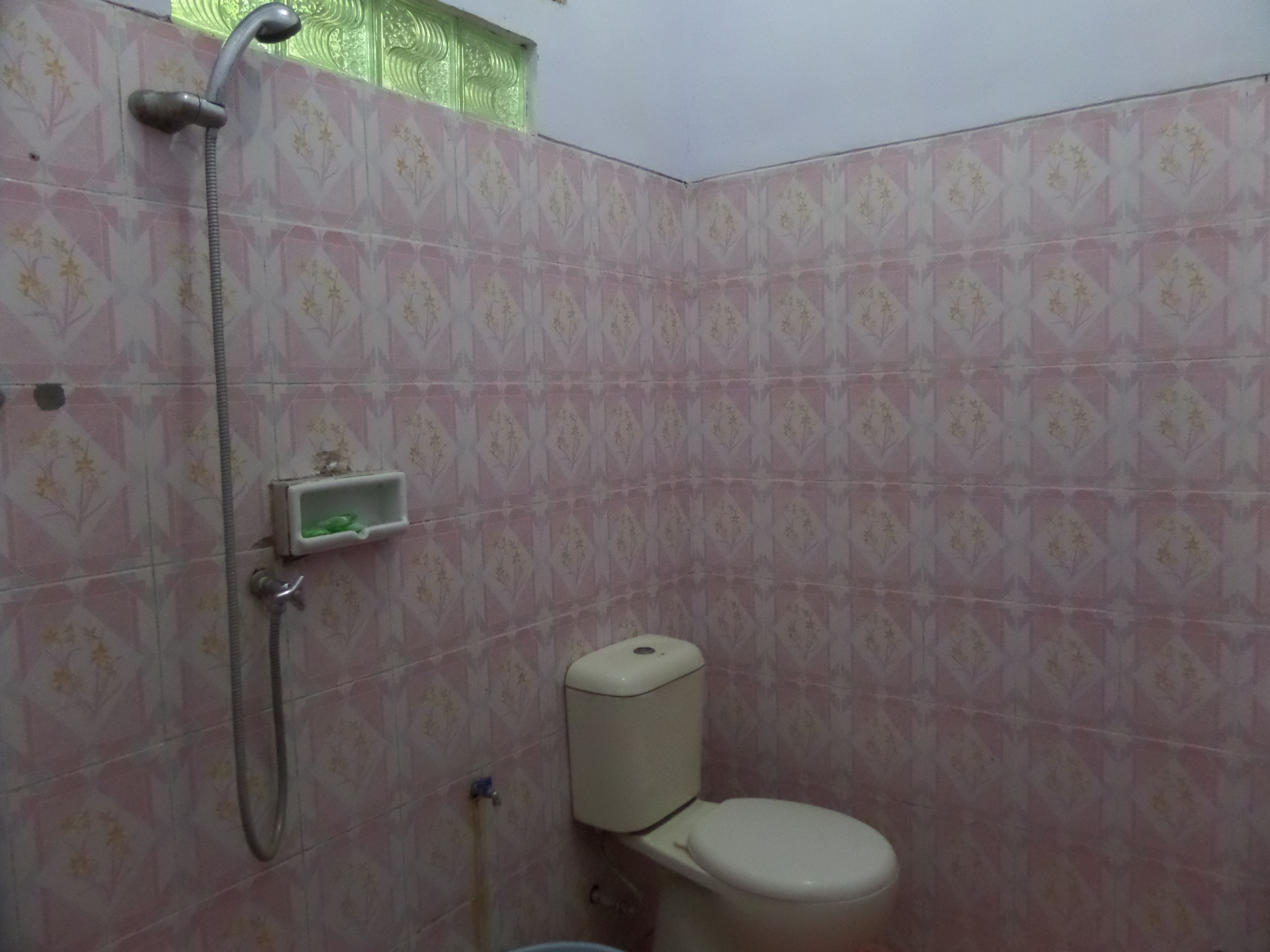 Casa de banho com sanita, chuveiro e um pequeno armário.
