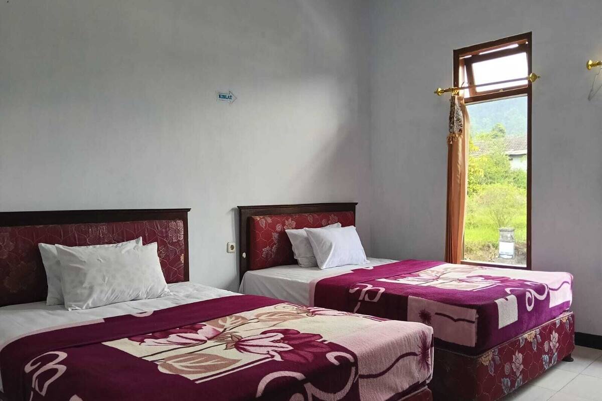 Ein Zimmer mit zwei Betten, jeweils mit Kopfstütze und weißen Kissen. Ein Fenster bietet Blick auf Grünfläche.
