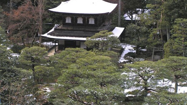 A traditional Japanese building surrounded by dense forest and snow.