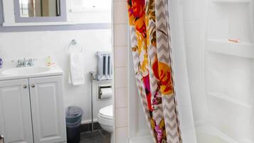 Baño con ducha, inodoro, lavabo y espejo.