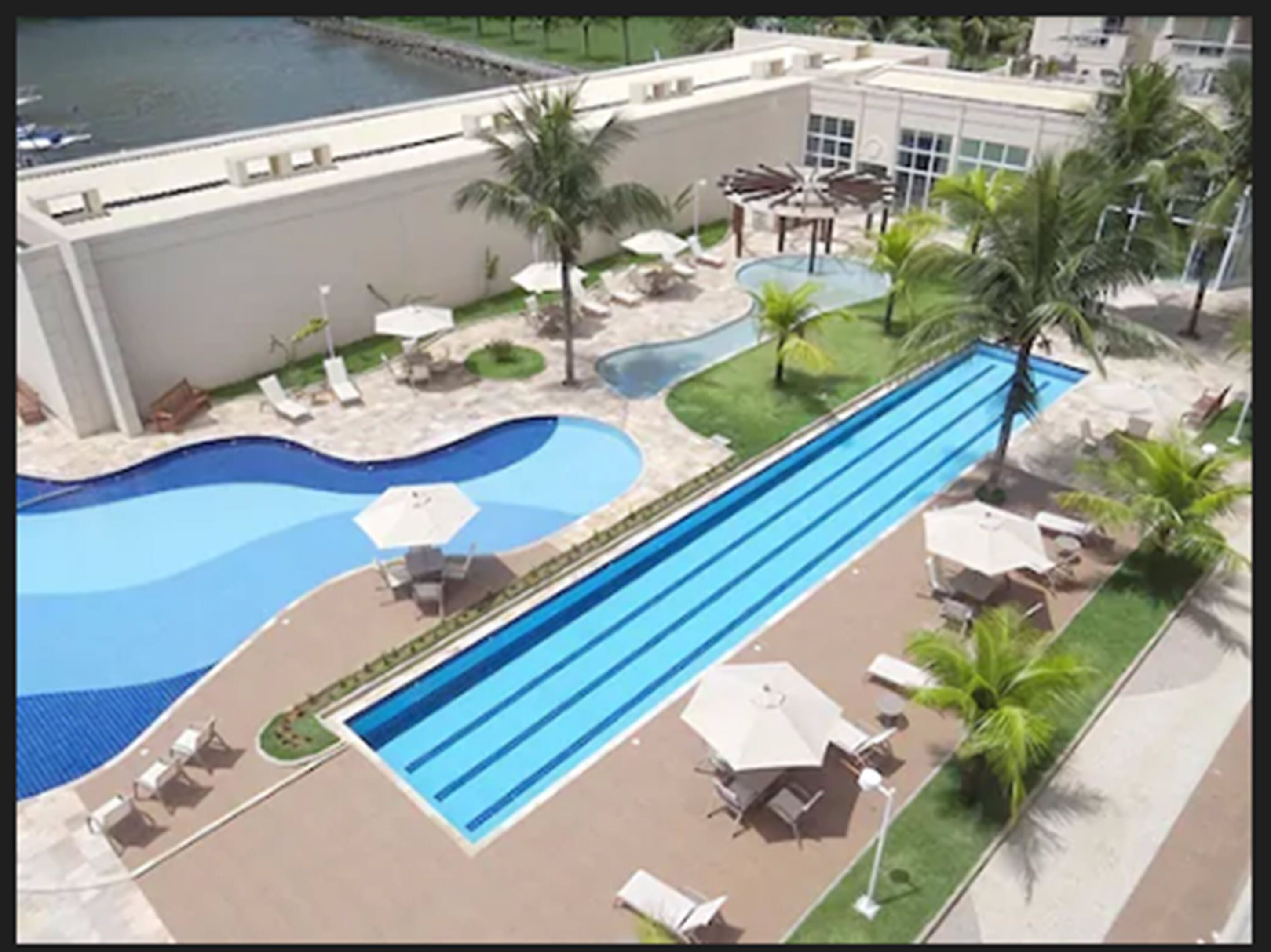 Una piscina de diseño curvo, rodeada de sillas de descanso y palmeras.
