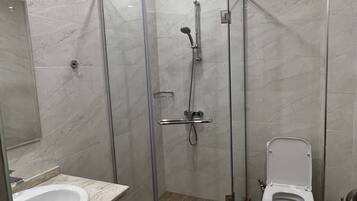 Een moderne badkamer met een glazen douchecabine, een wastafel en een toilet.