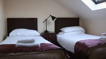 A hotel room with two beds, a nightstand, a lamp, and a skylight.
