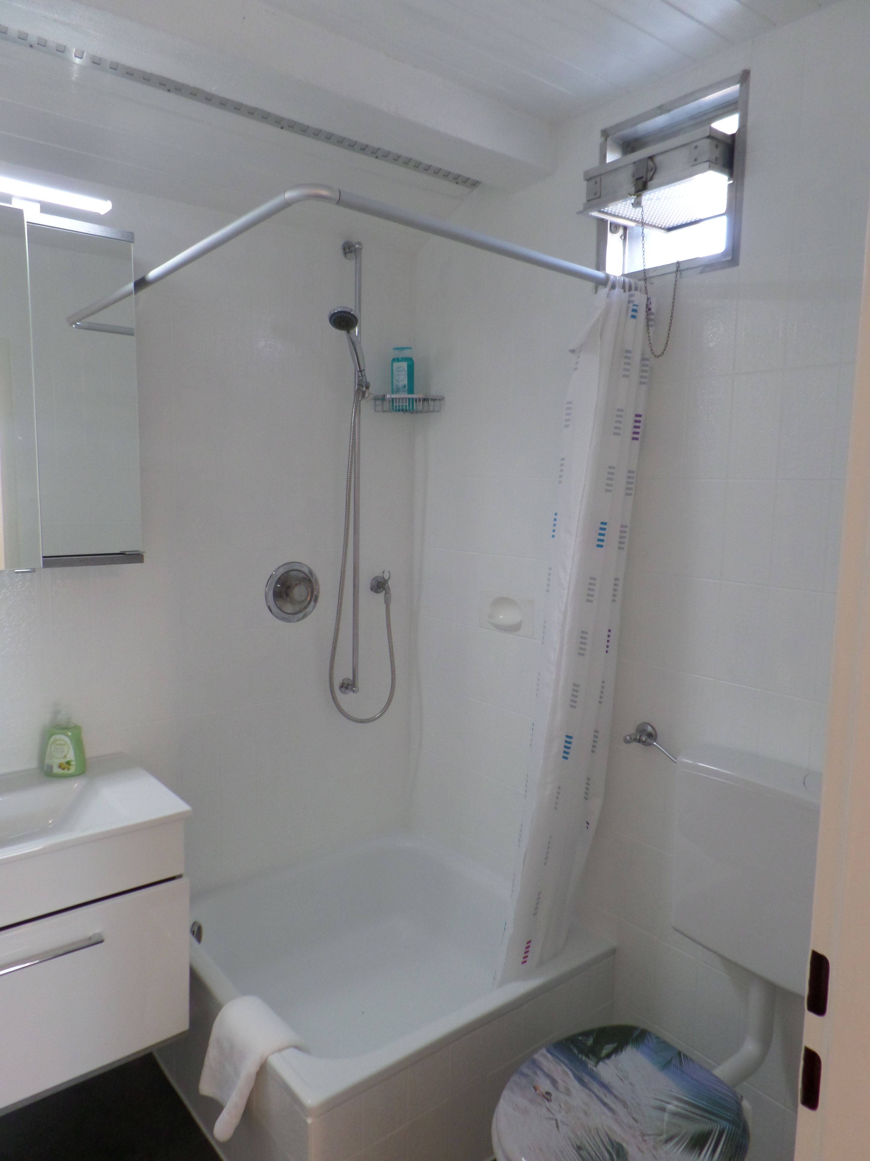 A bathroom with a shower, a toilet, a sink, and a mirror.