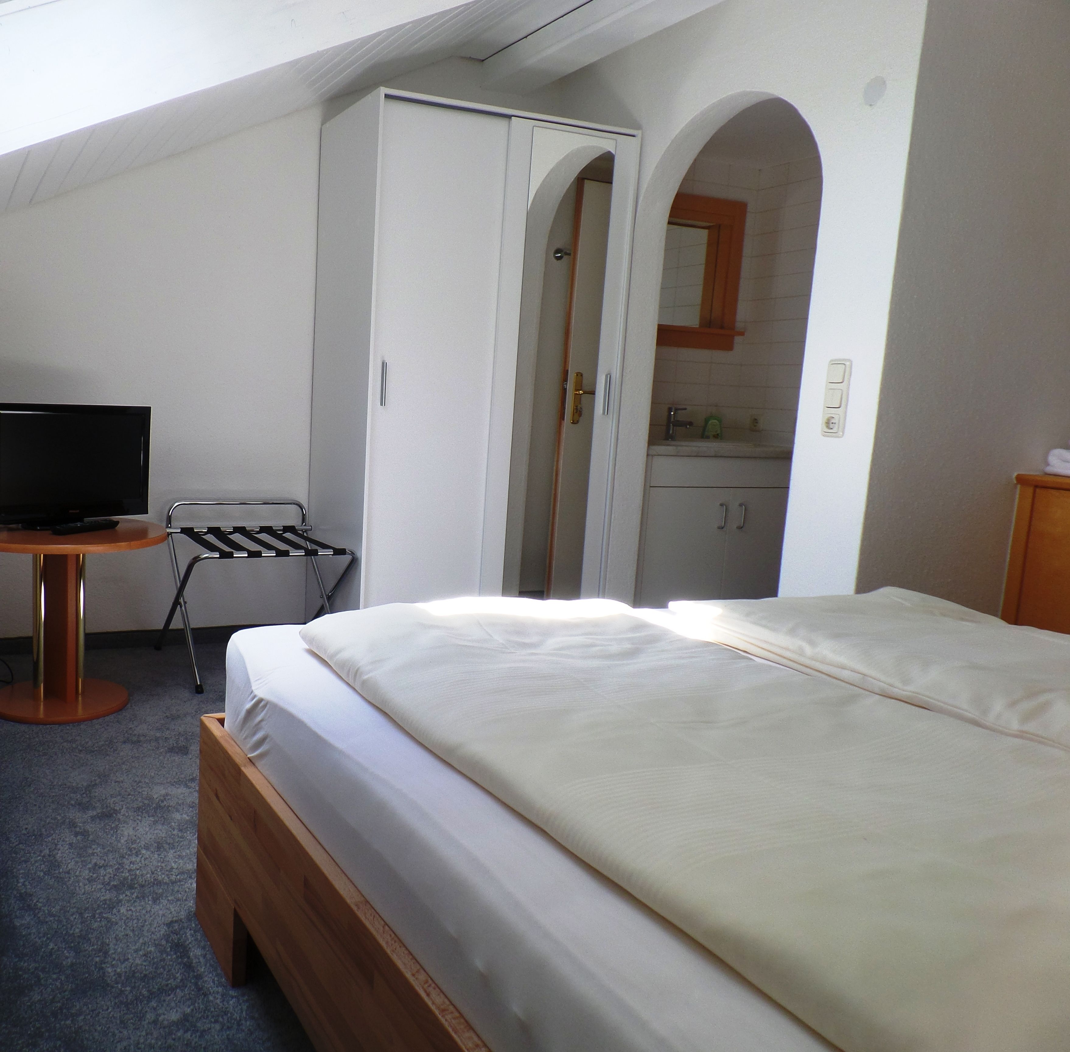 Un dormitorio con cama, televisión, armario y kitchenette.