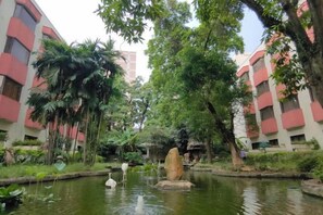 A courtyard with a pond, a swan, and a large rock centerpiece. - Dongguan Hotel (Dongguan)