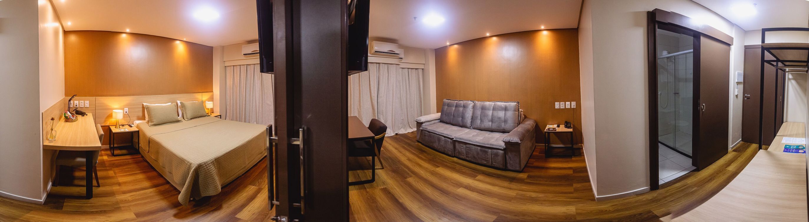 Minibar, desk, laptop workspace, blackout curtains