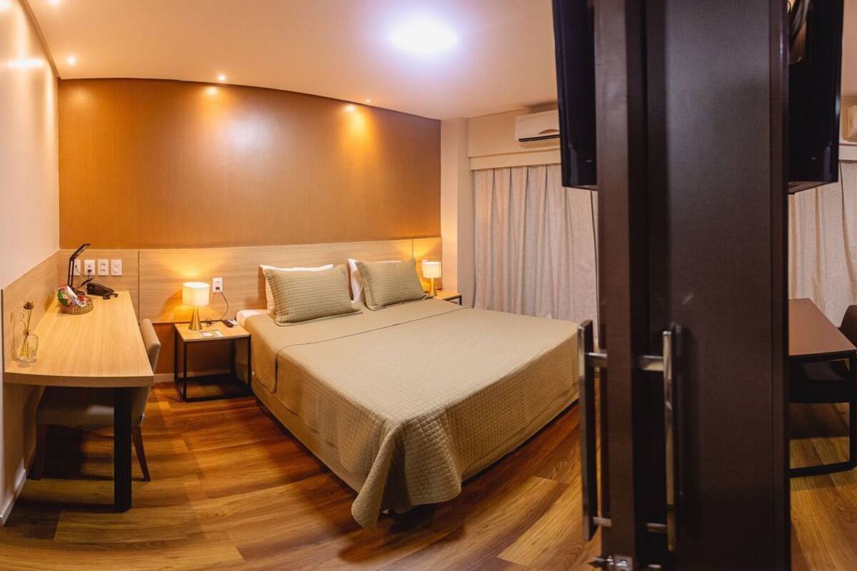 Minibar, desk, laptop workspace, blackout curtains