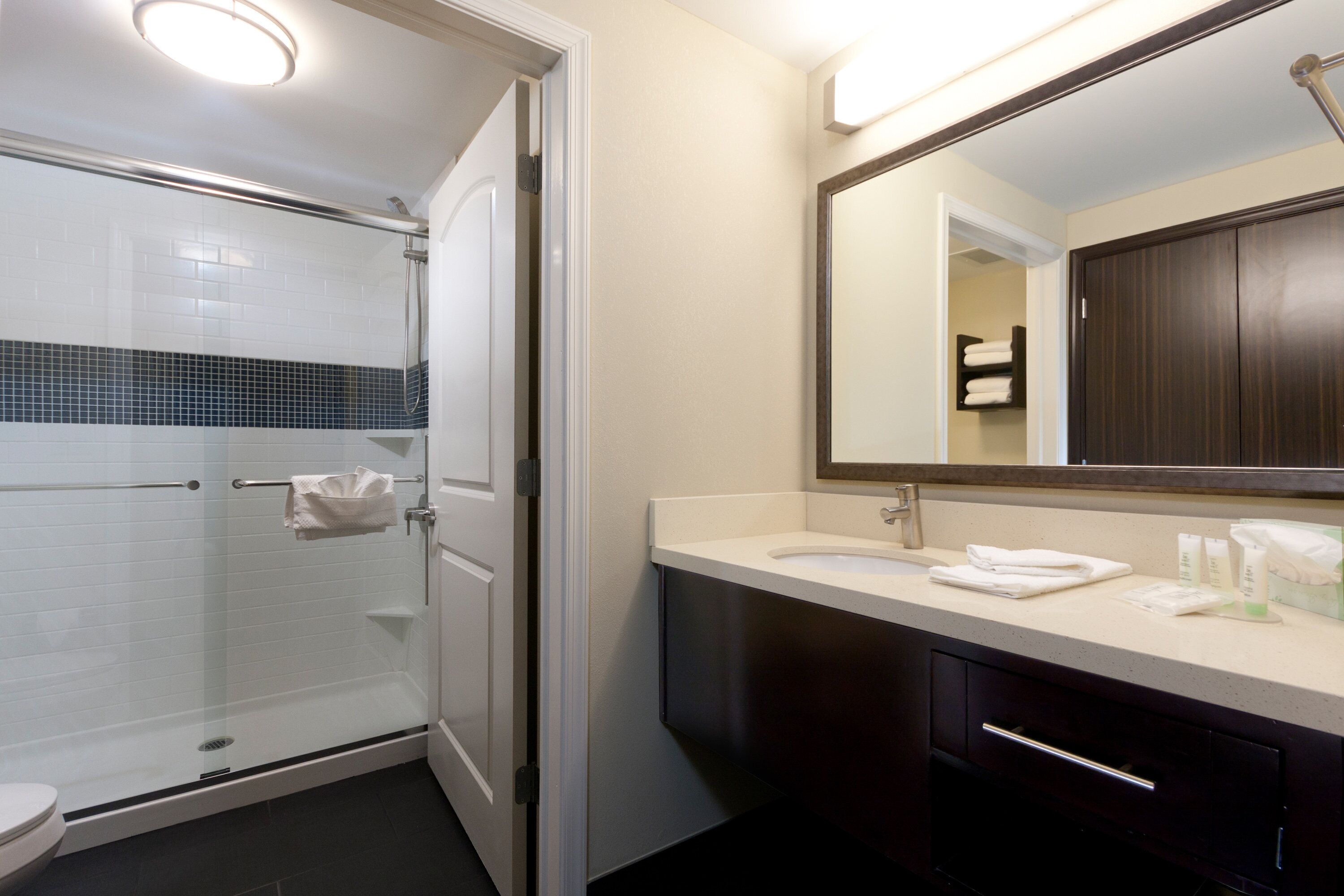 A modern bathroom with a glass shower enclosure, a white sink, and a dark wooden vanity.