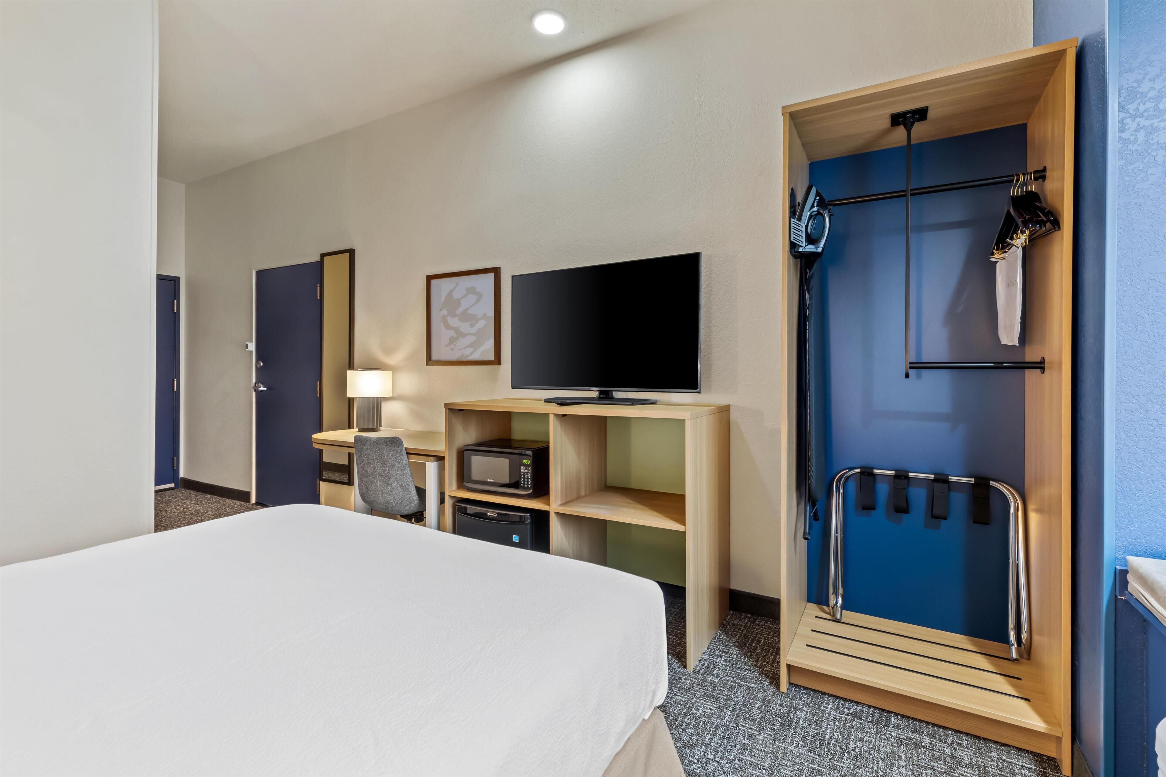 A hotel room with a bed, a television, a desk with a lamp, a microwave, and a wardrobe with a mirror and clothes rack.