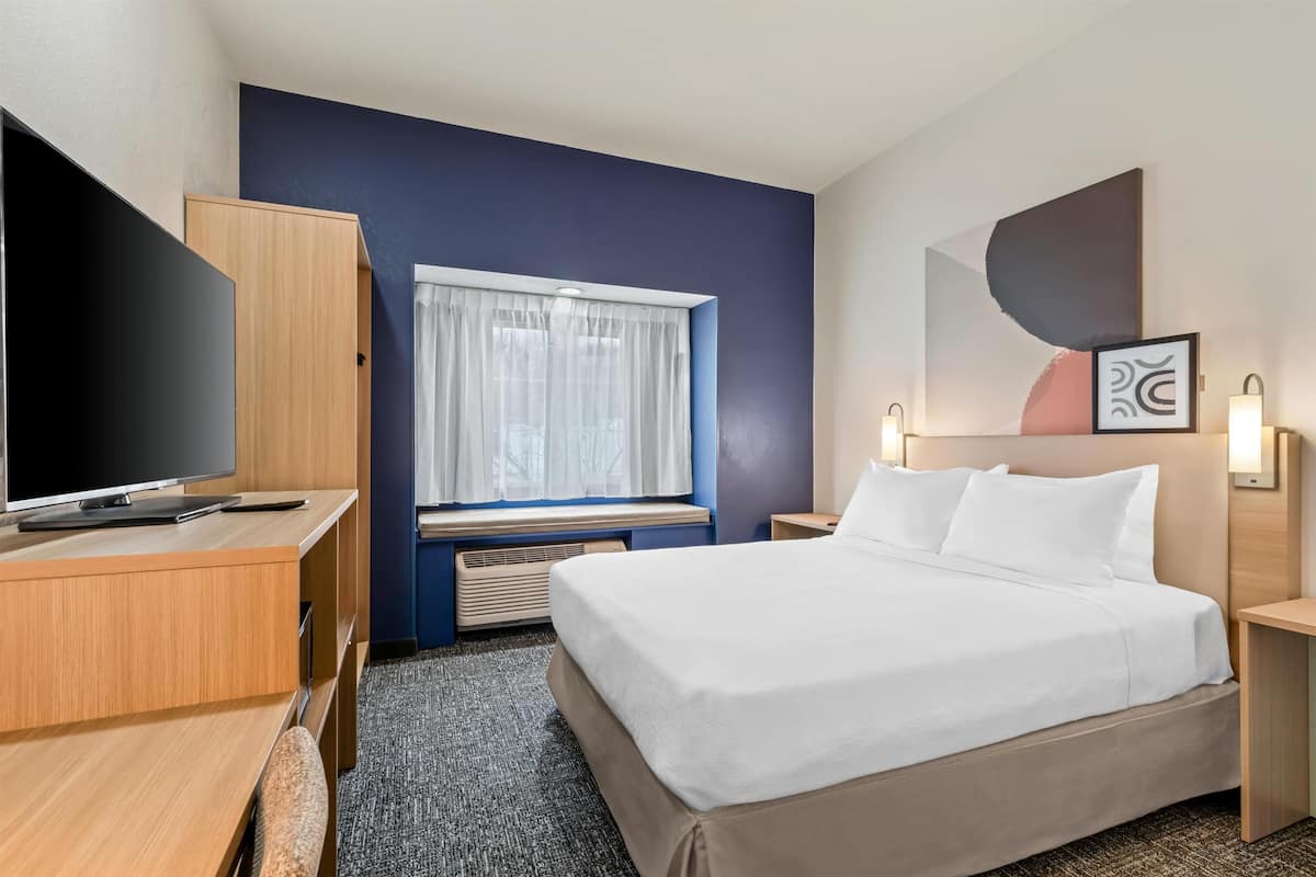Kamar, 1 Tempat Tidur Queen, akses difabel (Mobility & Hearing, Roll-in Shower) | Meja kerja, ruang kerja ramah laptop, dan tirai kedap cahaya