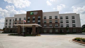 A Holiday Inn Express & Suites hotel with a brick facade, multiple windows, and a flagpole with an American flag.