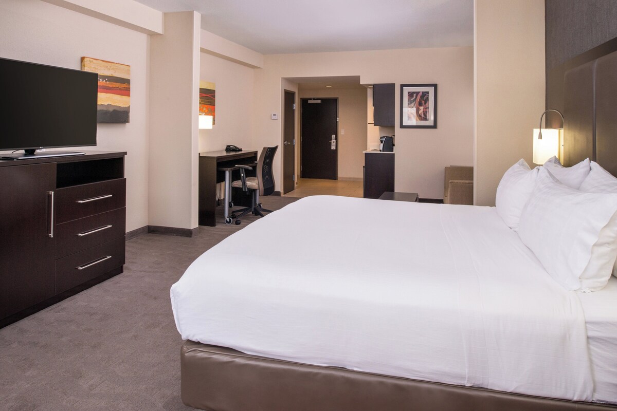 A hotel room with a large bed, a desk, a chair, a television, and artwork on the walls.