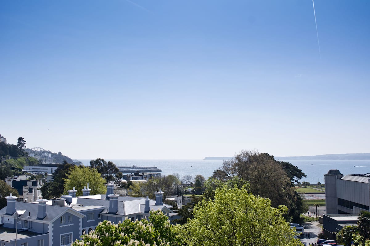 A coastal residential area with houses, a clear sky, and a view of the ocean.