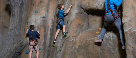Una pared de escalada con varias rutas y puntos de agarre.