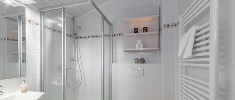 A modern bathroom with a glass-enclosed shower, a white toilet, and a vanity with a mirror.