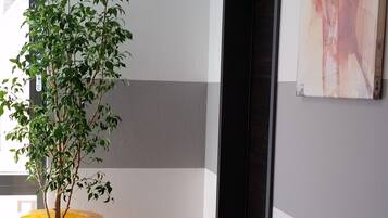 Un pasillo con una planta grande en maceta, una puerta negra y un cuadro en la pared.