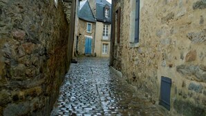 Una estrecha calle adoquinada bordeada por edificios de piedra con arquitectura tradicional.