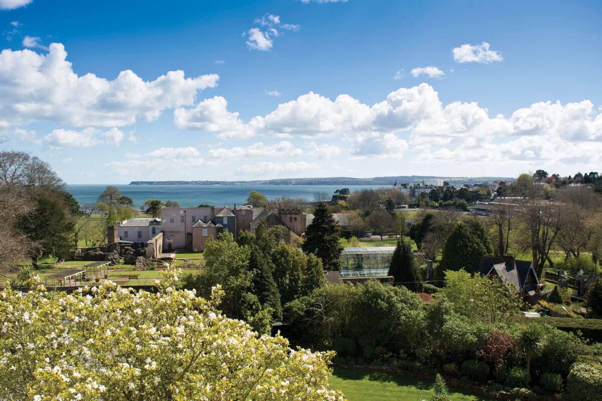 A residential area with houses, a greenhouse, and a body of water in the background.