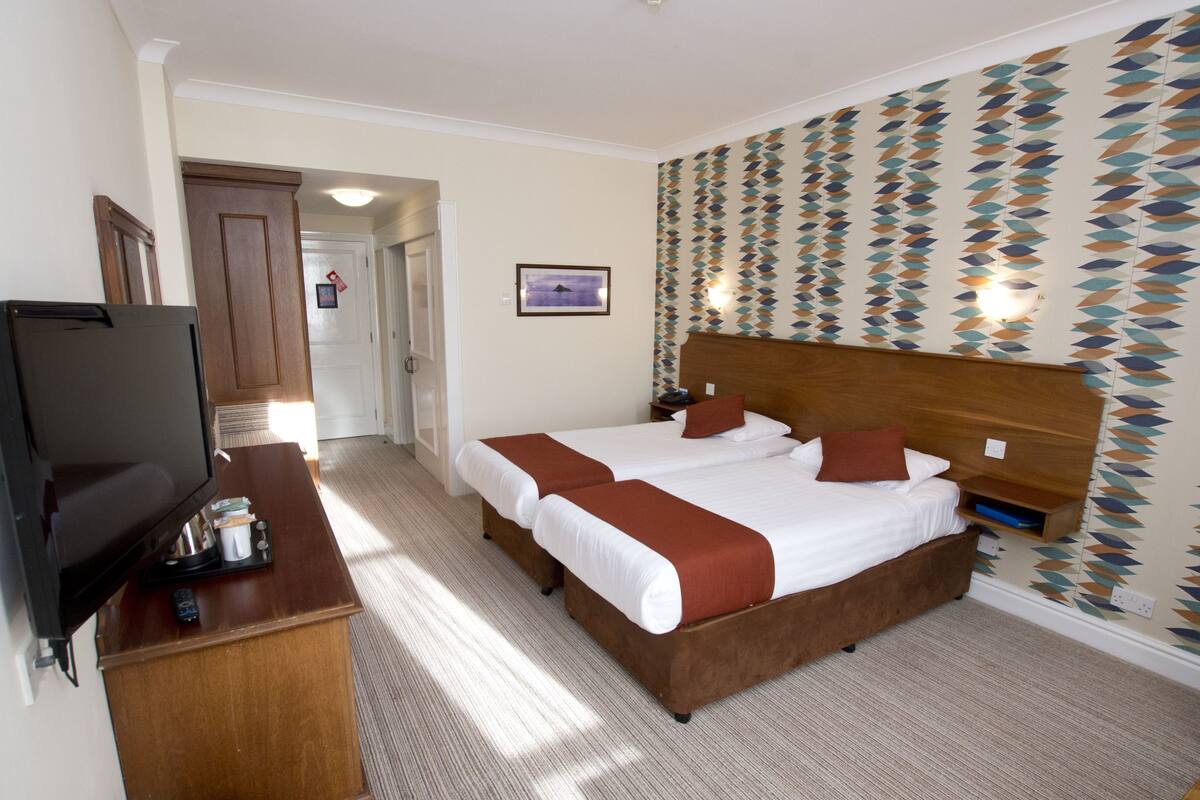 A hotel room with a large bed, a TV on a wooden dresser, and a patterned wall.
