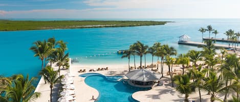 Outdoor pool, pool umbrellas, pool loungers