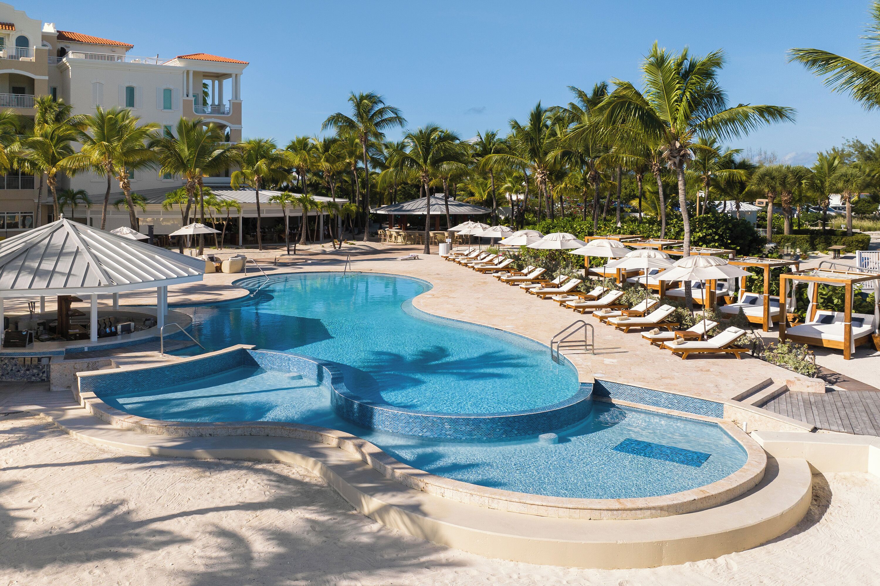 Outdoor pool, pool umbrellas, pool loungers