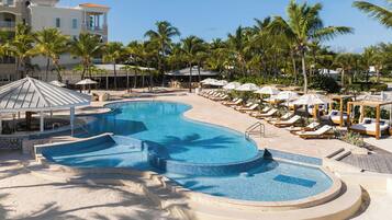 Outdoor pool, pool umbrellas, pool loungers