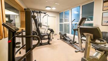 A gym with cardio machines, weight training equipment, and large windows.