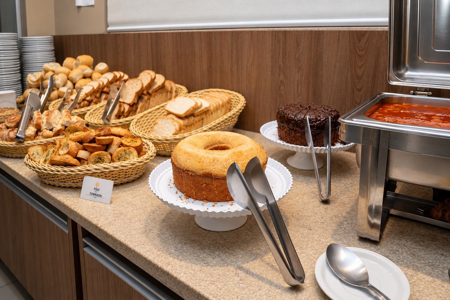 Ein Buffet mit verschiedenen Brotsorten, Kuchen und einem Schokoladendessert.