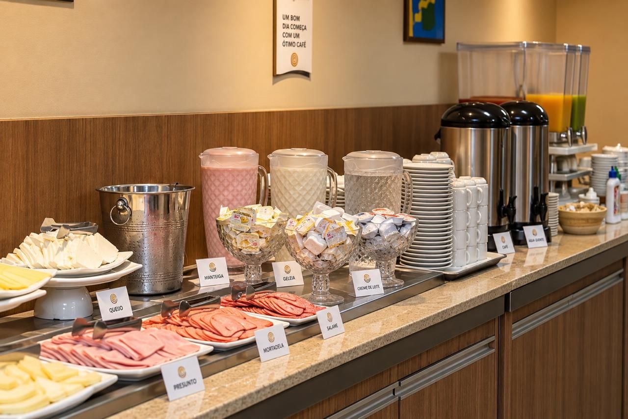 A buffet with various food items and beverages.