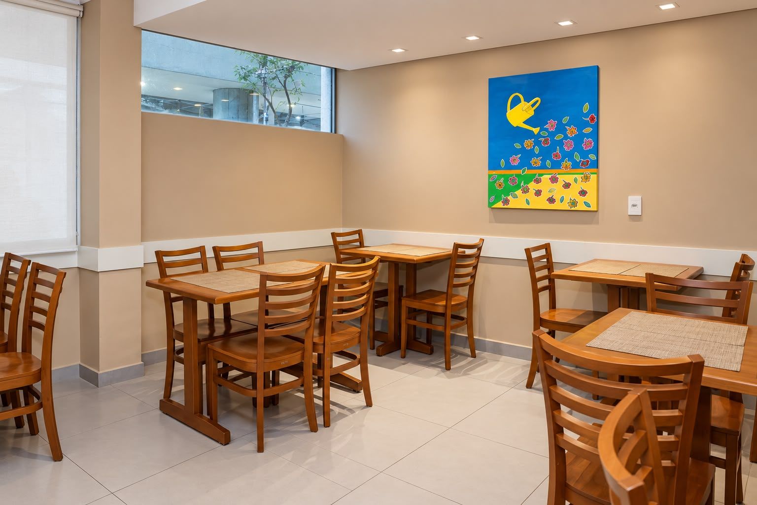 Un comedor con mesas y sillas de madera, un ventanal grande y una llamativa obra de arte en la pared.