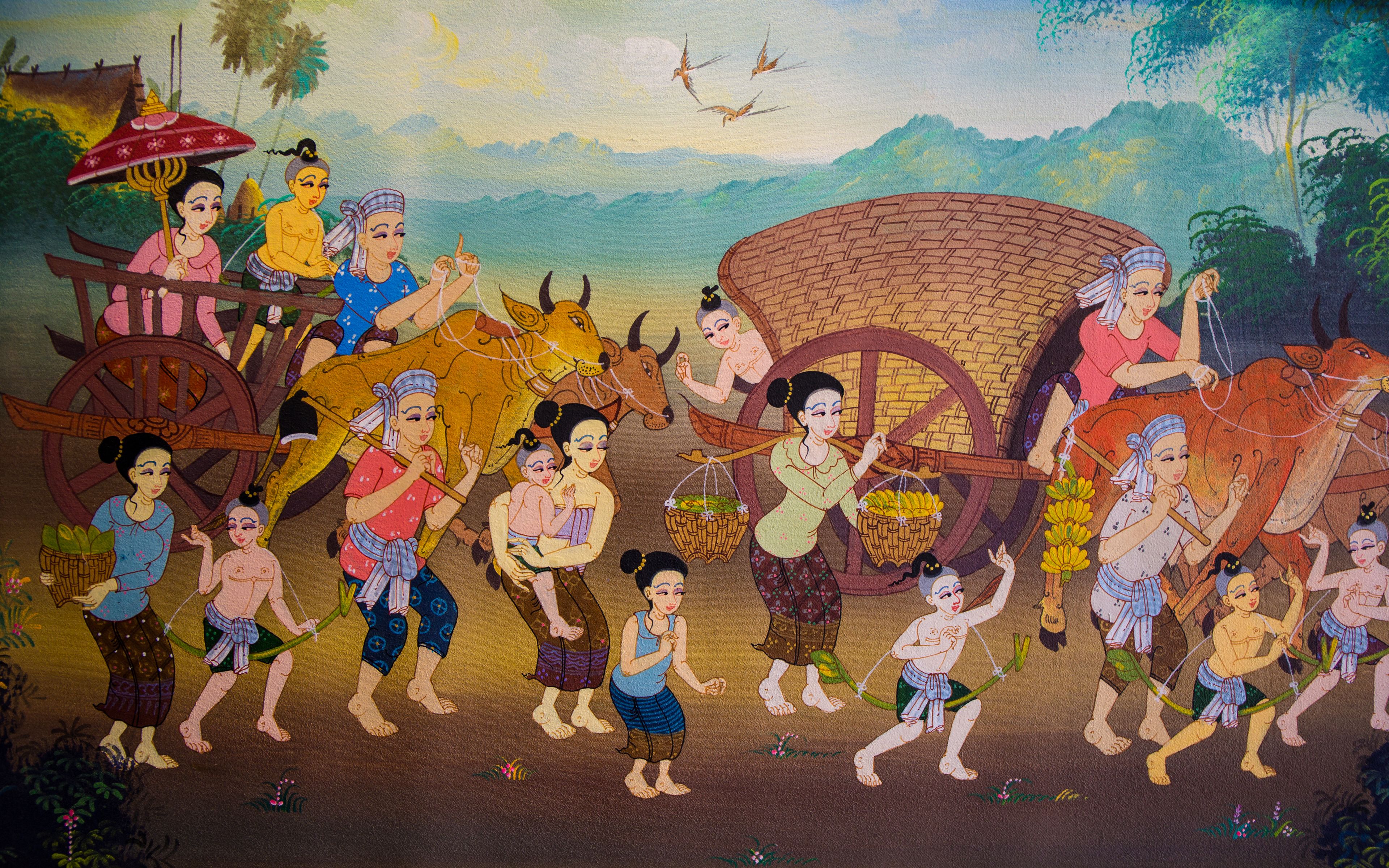 A mural with a group of people in traditional attire, a horse, and a cart.