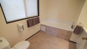 A bathroom with a toilet, a bathtub, and a window.