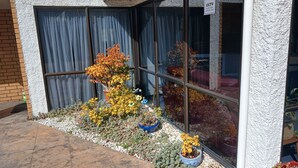 Ein Gebäude mit Schild zur Überwachung per Video, einem Fenster mit Vorhängen und Blumentöpfen davor.