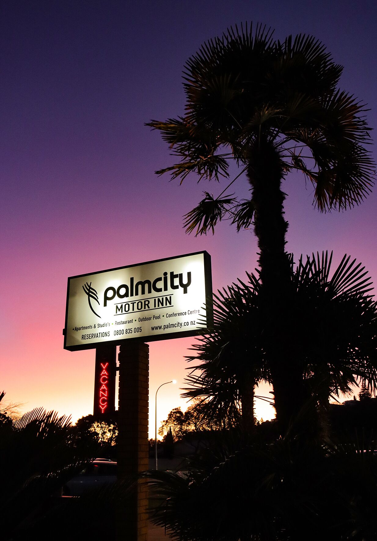 Señal del motel Palmcity Inn, con un letrero de neón que dice 'VACANCY' debajo, frente a un cielo de atardecer con palmeras.