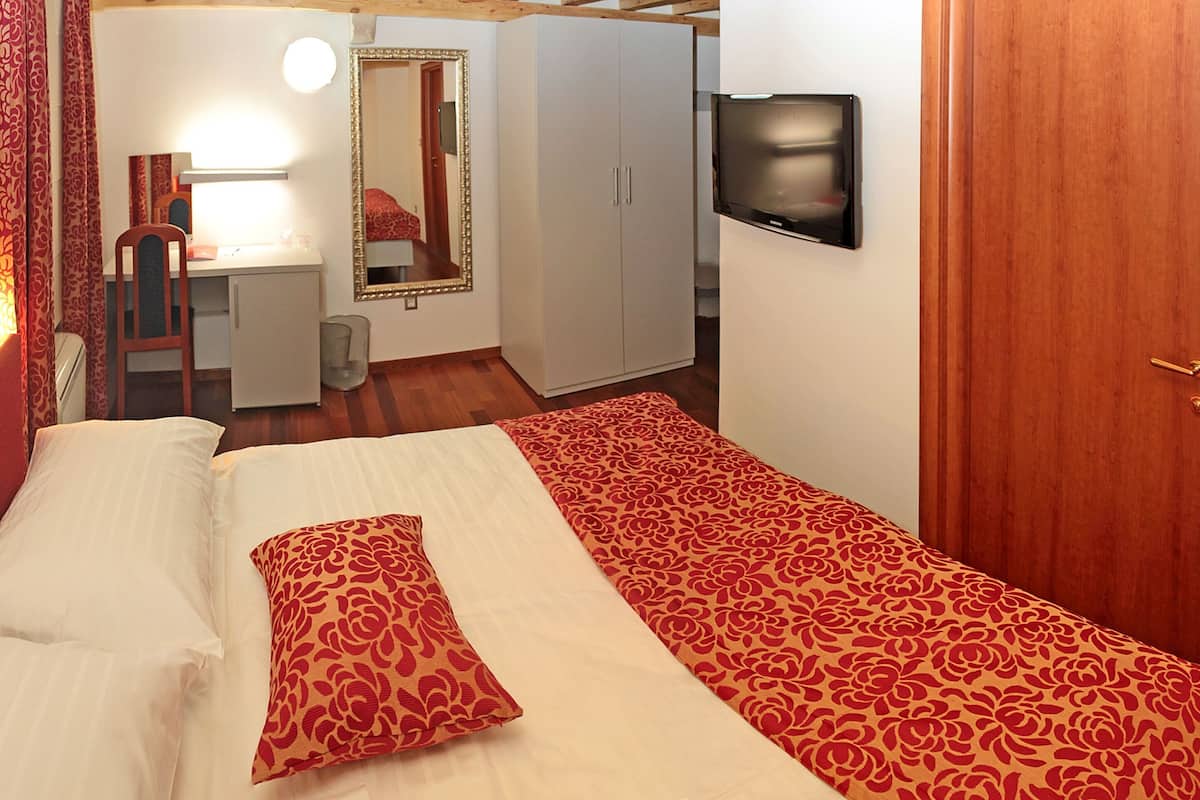 A bedroom with a bed, a mirror, a TV, and a wardrobe.