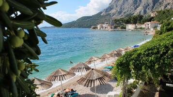 On the beach, sun-loungers, beach umbrellas