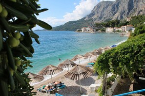 On the beach, sun loungers, beach umbrellas