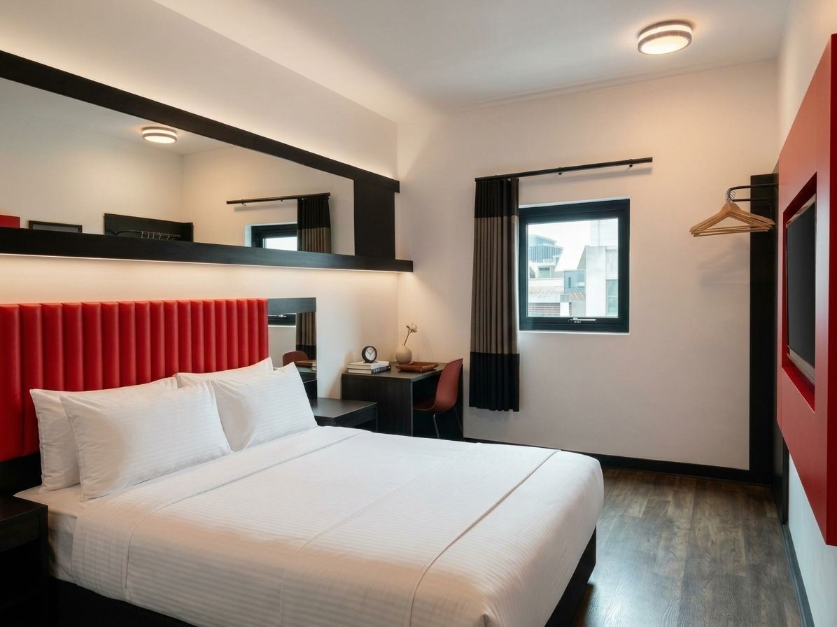 Habitación de hotel con cama, escritorio, silla, espejo, ventana y una pared de acento roja.