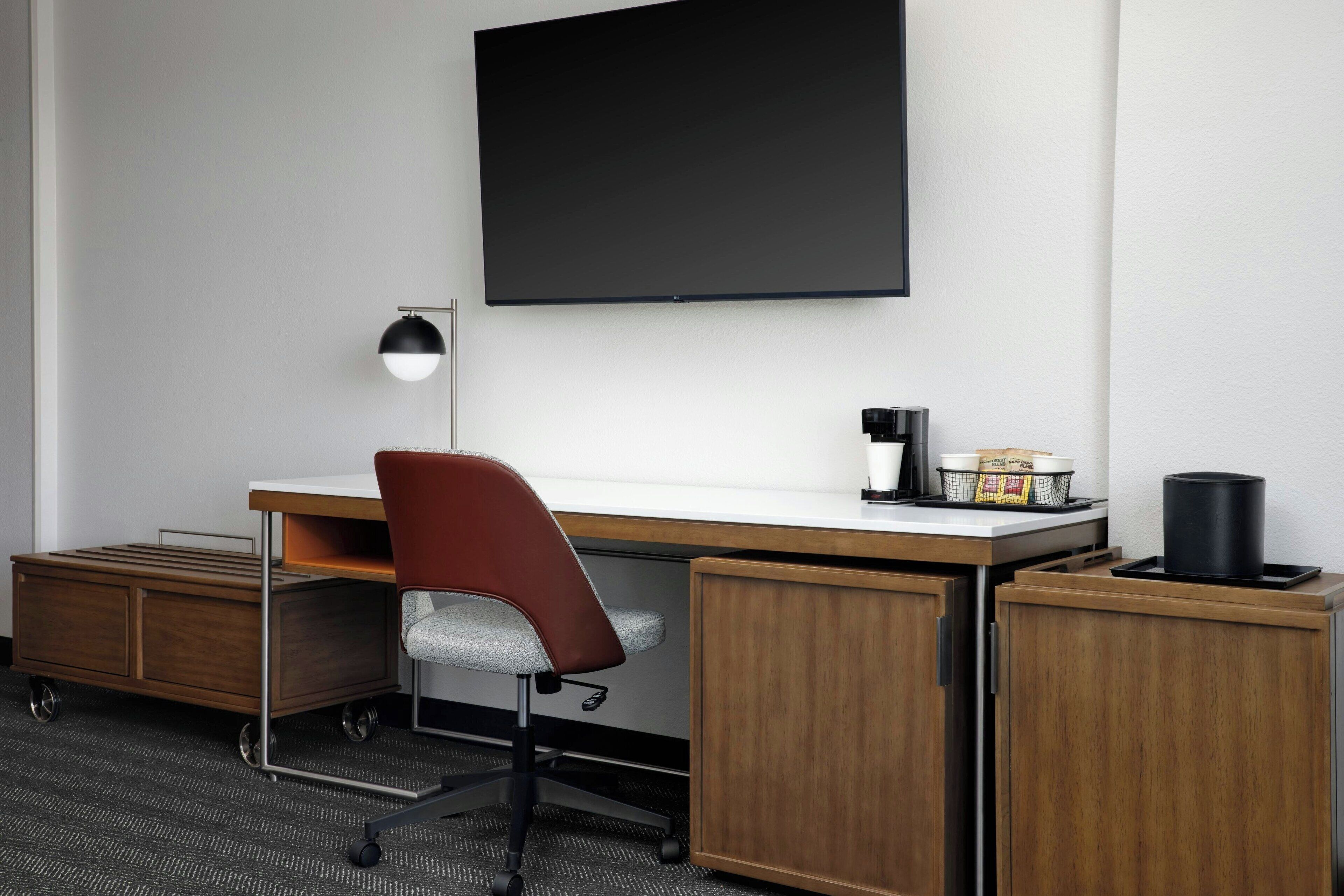 1 bedroom, desk, laptop workspace, blackout curtains