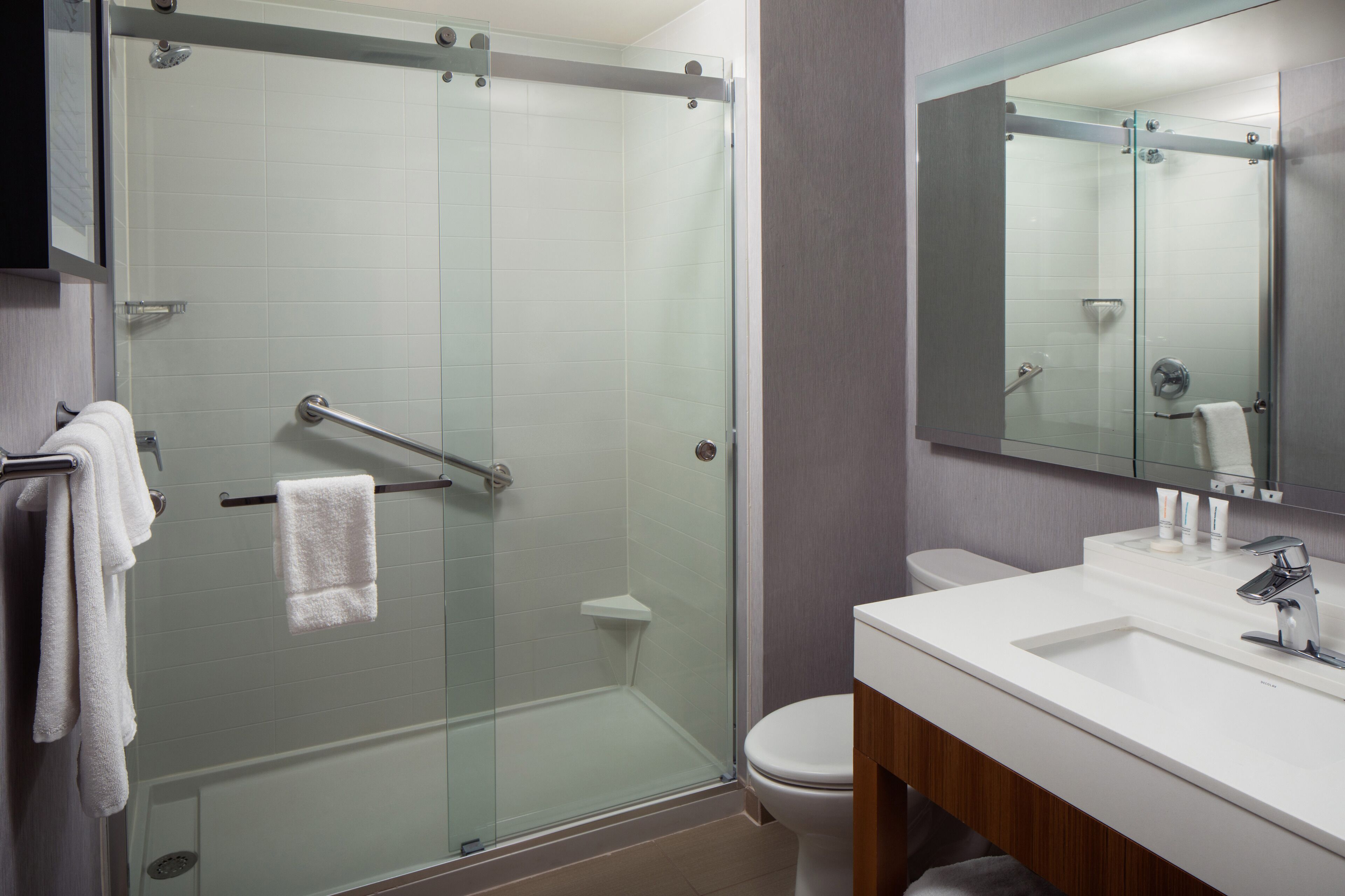 A modern bathroom with a glass-enclosed shower, a white sink, and a large mirror.