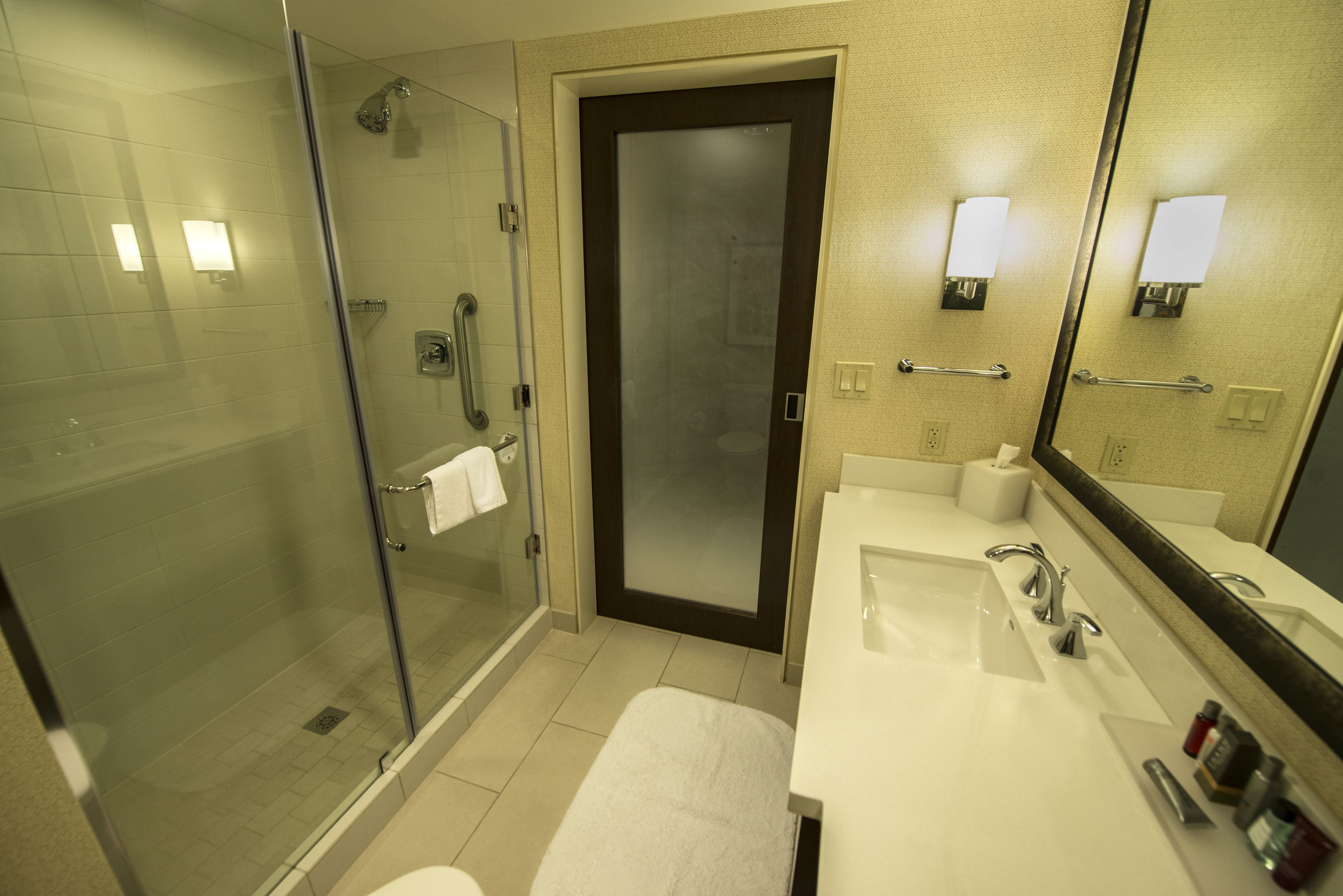 A modern bathroom with a glass-enclosed shower, a white sink, and a large mirror.