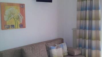 Ein Wohnzimmer mit grauem Sofa, einem Flachbildfernseher an der Wand und einem Blumenbild.