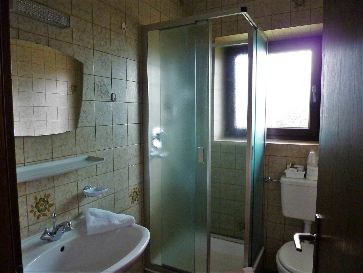 A bathroom with a glass shower enclosure, a sink with a mirror, and a toilet.