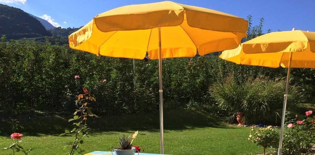 A garden with yellow umbrellas, a grassy area, and a mountain in the background.