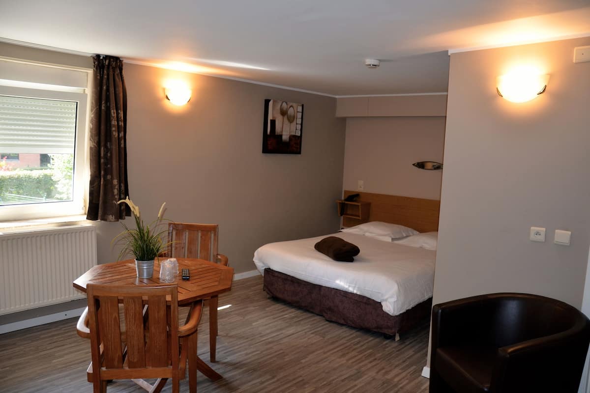 A hotel room with a bed, a wooden table with chairs, a potted plant, and a window with curtains.