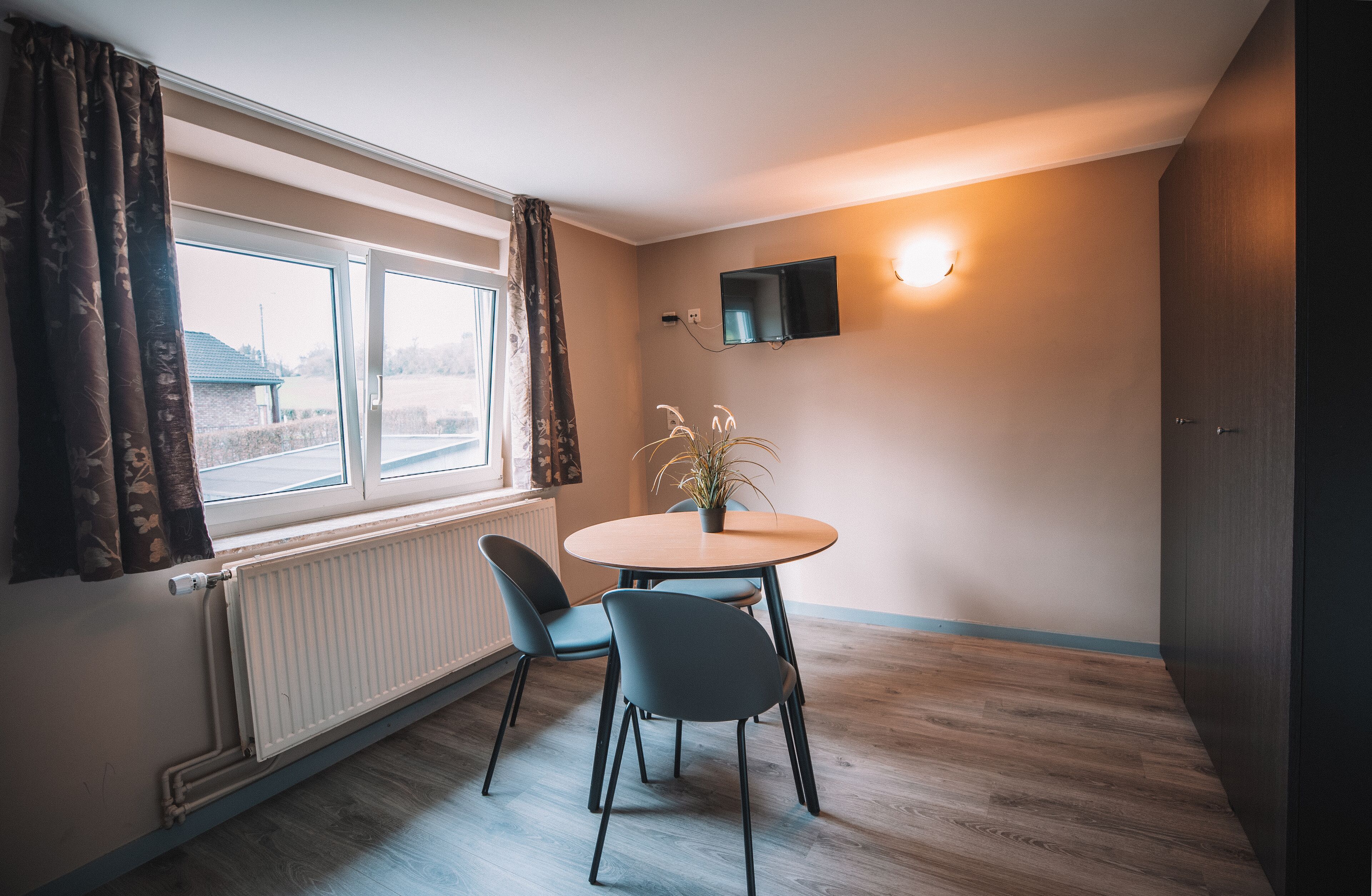 Una habitación con una mesa redonda, dos sillas, una planta en maceta, una ventana con cortinas, un televisor montado en la pared y un radiador.