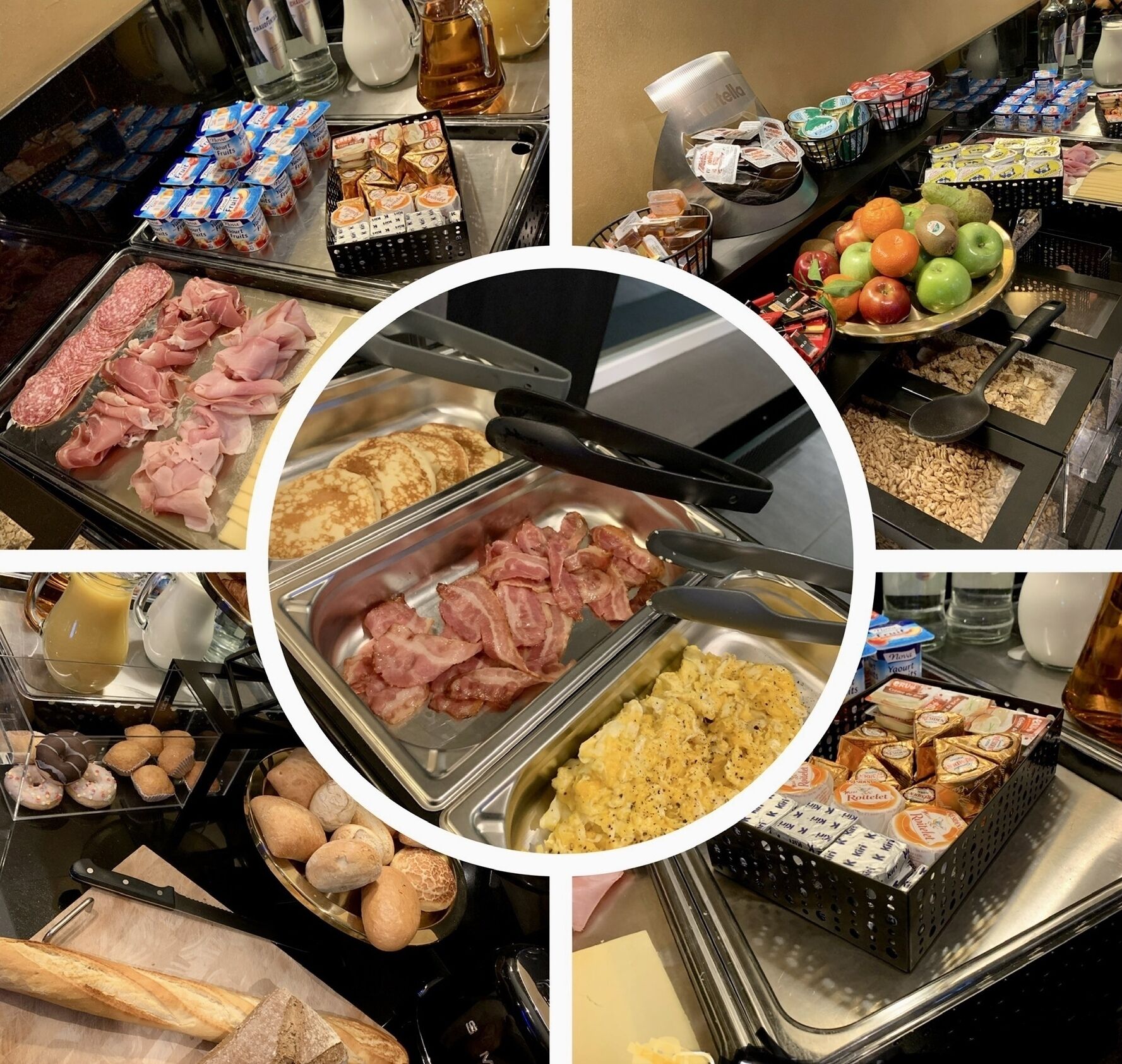 Un bufé con diferentes opciones de comida, incluyendo carnes, pasteles y salsas.