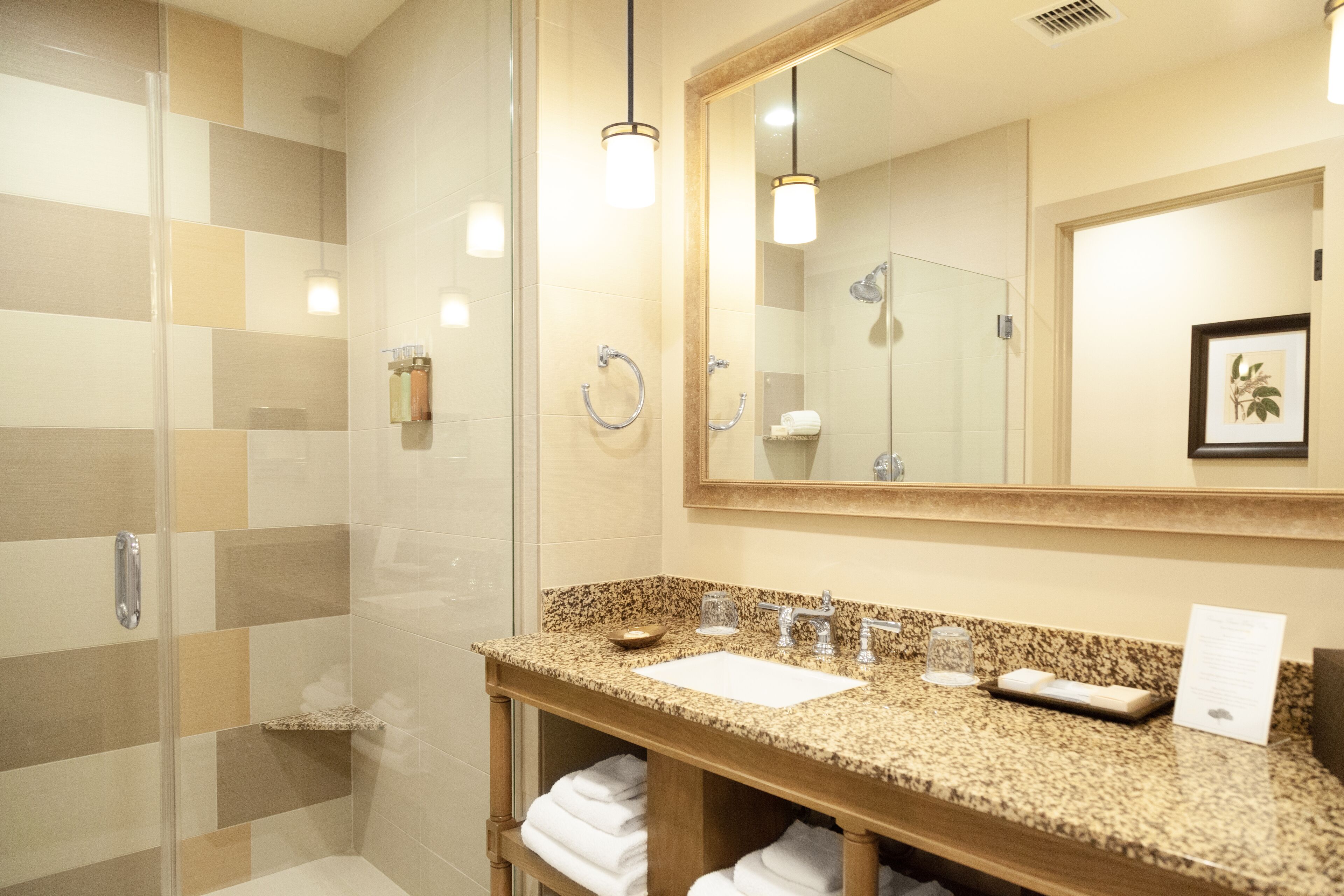 shower, designer toiletries, hair dryer, bathrobes