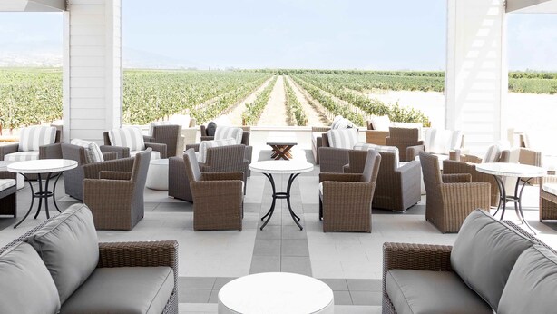 A covered outdoor seating area with wicker furniture and round tables, overlooking a vineyard. - Ponte Vineyard Inn (Temecula)
